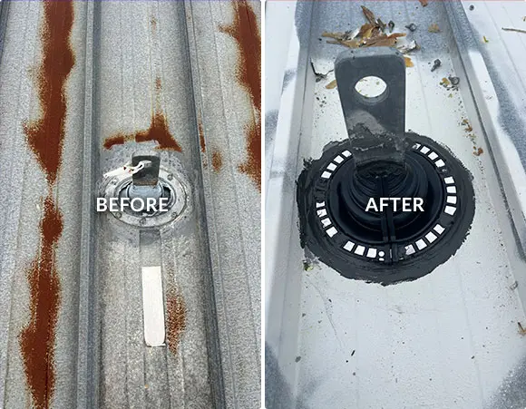 Freshly sealed and coated anchor point boots on Armadale roof as part of Noxyde membrane system.