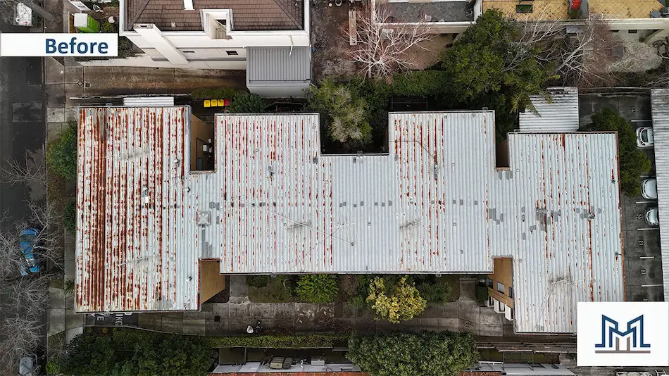 Body corporate metal roof in Armadale showing widespread rust before Noxyde roof restoration works.