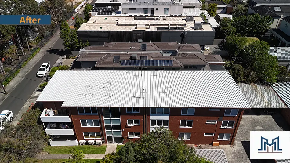 Completed Noxyde system roof restoration in Peel St Kew showing clean, waterproof finish.