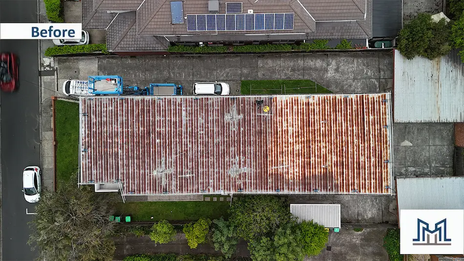 Corroded commercial roof in Kew showing leaks and rust damage before applying Noxyde system.