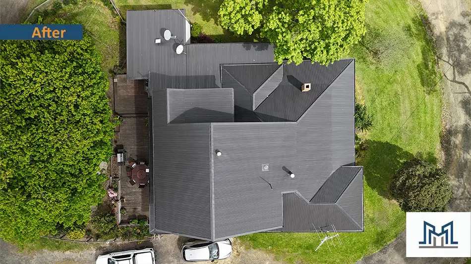 Restored residential metal roof in Upper Pakenham with smooth Monument colour PRC Premcoat Topcoat