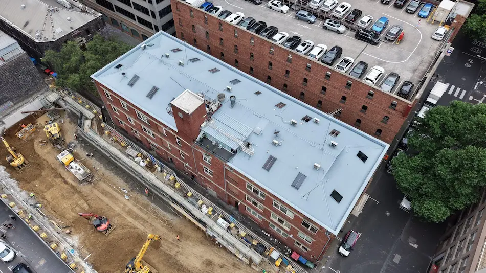 Aerial view of finished roof membrane system on Melbourne CBD commercial building