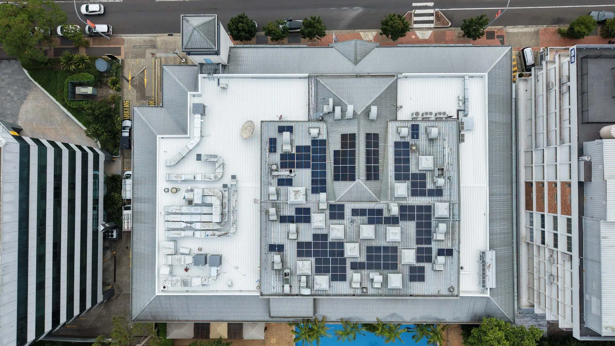 Aerial view of fully sealed Epping Club roof after waterproofing membrane installation