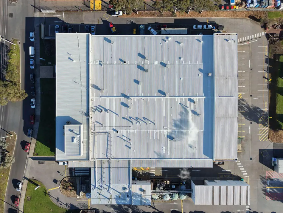 Aerial view of completed waterproofing and rust protection system on the Alsco Mulgrave roof
