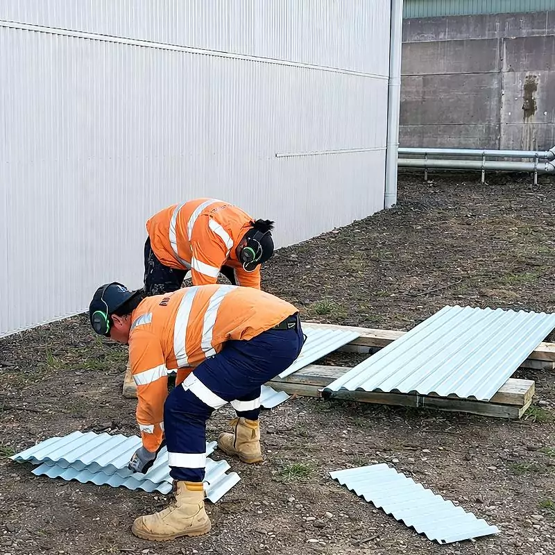 Commercial metal roof replacement with removed roof sheets